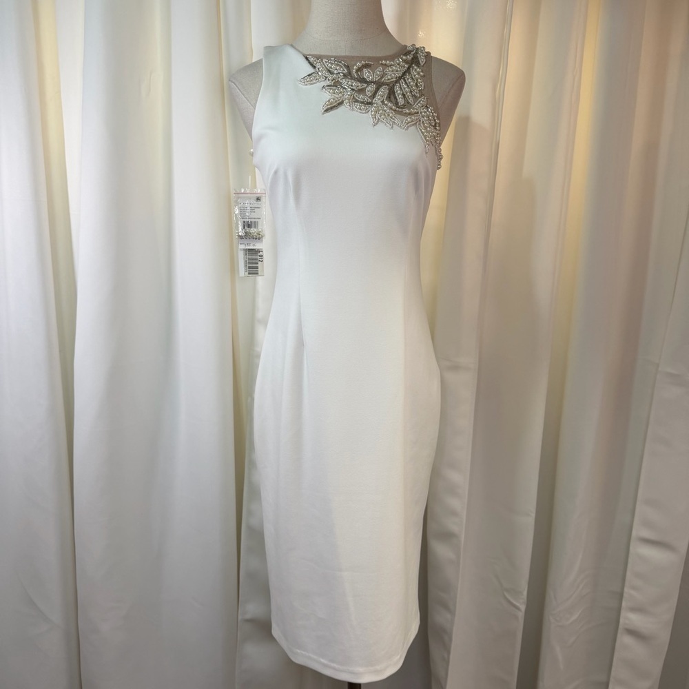 NWT Aidan Mattox Asymmetric Pearl Beading & Embellished Shift Dress in White 2